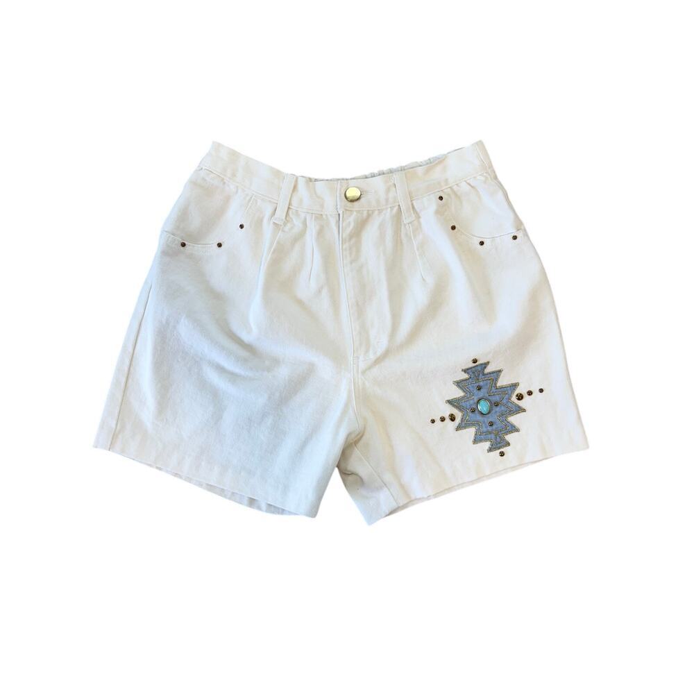VTG Pleated White High Waisted Denim Shorts Western Southwestern Aztec, Size S